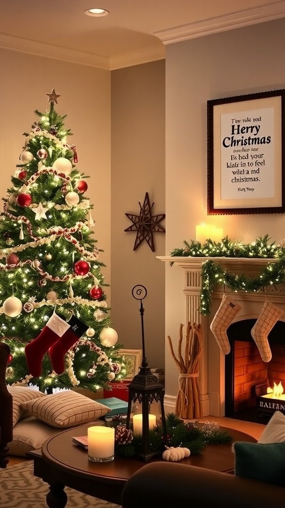 Christmas Home Decor Quotes A decorated Christmas living room with a tree, stockings, and a framed quote.